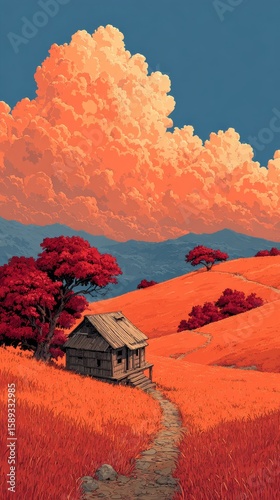 Vibrant Autumn Landscape With a Rustic House and Colorful Trees at Sunset.