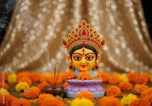 Vibrant Navratri celebration with a stylized goddess Durga statue surrounded by marigold flowers
