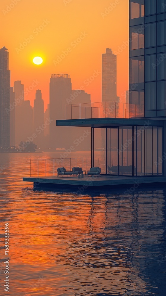 Fototapeta premium Floating residence at sunset. Urban cityscape reflected in still water