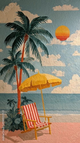 Relaxing Beach Scene With Colorful Umbrella and Chair Under the Sun at Sunset.