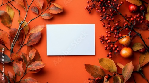 Colorful Autumn Leaves and Berries Frame a Blank Card on a Vibrant Orange Bac...