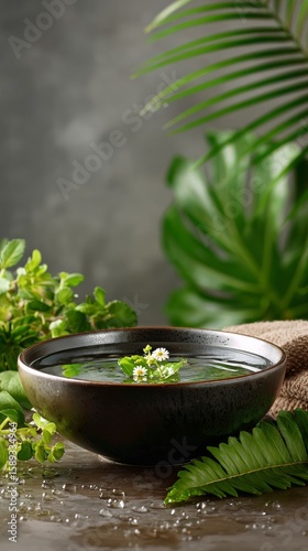 Natural Bowl Filled With Water and Floating Flowers Surrounded by Green Plant...