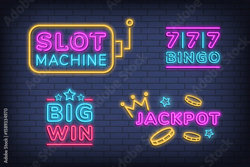 Neon Slot Machine, 777, Jackpot and Big Win Signs on Dark Brick Wall Background Vector Illustration