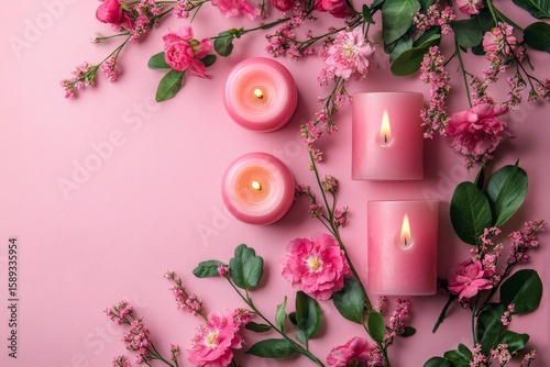 Soft Pink Candles Surrounded by Roses and Greenery on a Pastel Surface.