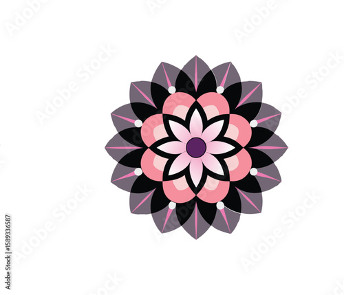 Intricate and perfectly symmetrical geometric mandala design with vibrant floral elements