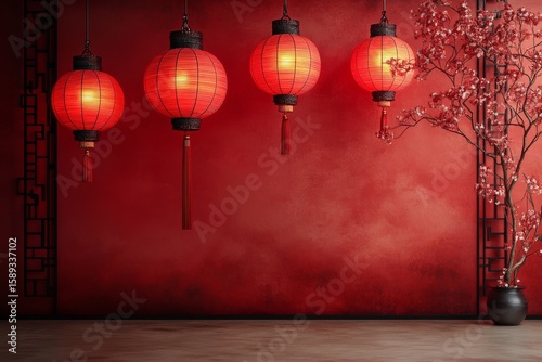 Traditional Red Lanterns Adorn a Vivid Wall in a Serene Indoor Setting During...