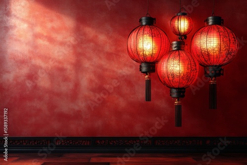 Traditional Red Lanterns Adorn a Vivid Wall in a Serene Indoor Setting During...