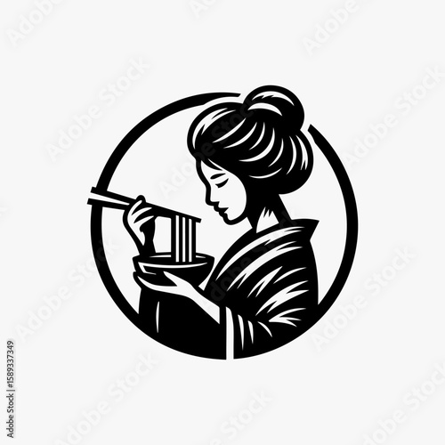 Elegant Geisha Enjoying Noodles in a Bowl Black and White Illustration 1.