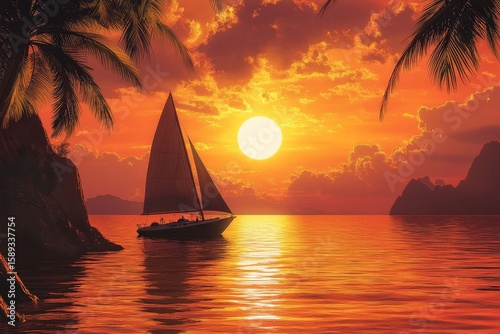 Sailing on Calm Waters During a Vibrant Sunset With Palm Trees in the Background