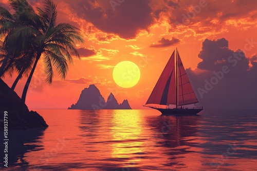 Sailing Into a Vibrant Sunset on a Tropical Ocean With Palm Trees and Distant...