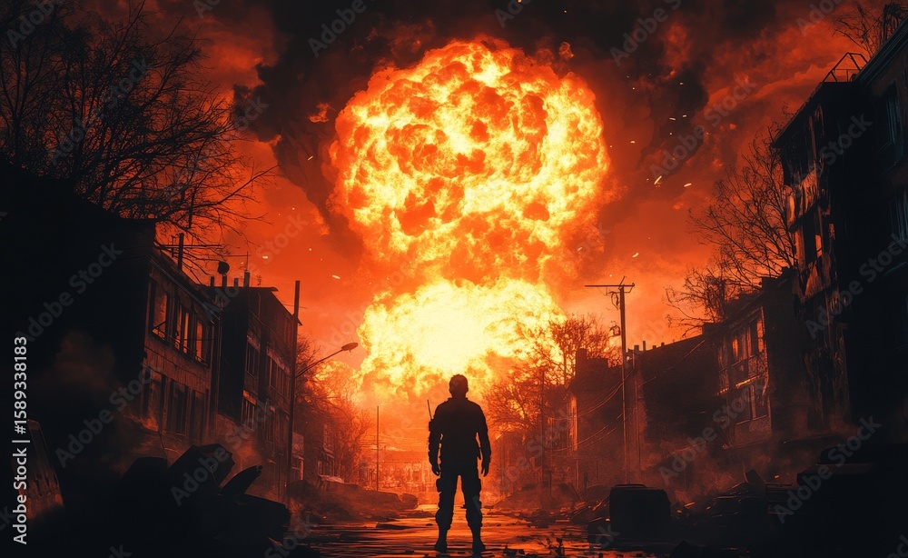 Fototapeta premium Dramatic Sunset Explosion Over Abandoned Cityscape With Solitary Figure in Foreground
