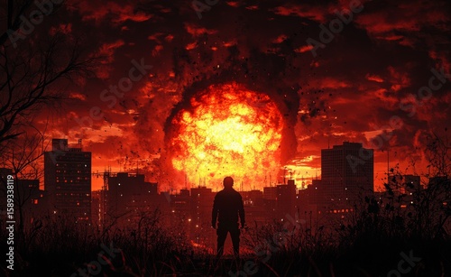 Dramatic Sunset Explosion Over Abandoned Cityscape With Solitary Figure in Fo...