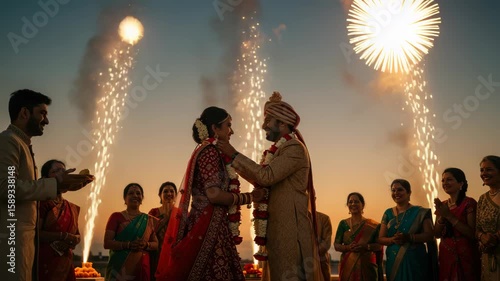 Indian Wedding Celebration: Groom Drapes Garland Around Bride with Joyful Crowd and Sparkling
