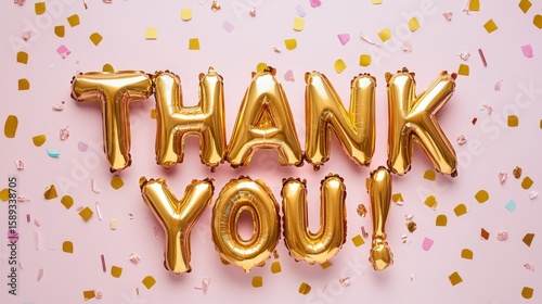 Gold Balloons Spelling Thank You on Pink Background With Colorful Confetti Sc...