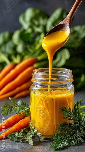 Carrot Soup Preparation With Fresh Ingredients on a Wooden Table in a Kitchen...
