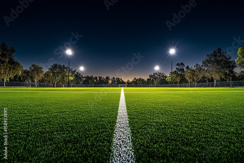 Brightly Lit Soccer Field at Dusk With Vibrant Sky and Well-Maintained Grass