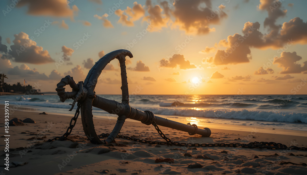 Fototapeta premium Sunset Serenity: Anchor on Golden Shore