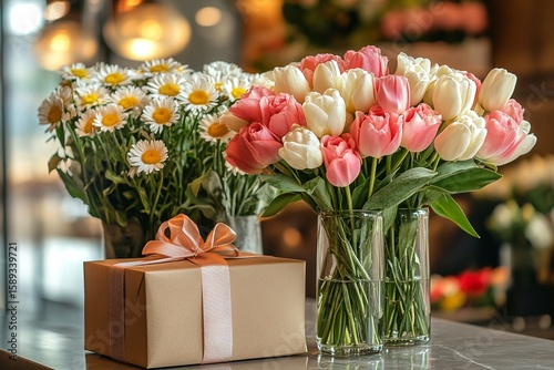 Beautiful Arrangement of Tulips and Daisies With Gift Box on Table in Floral ...