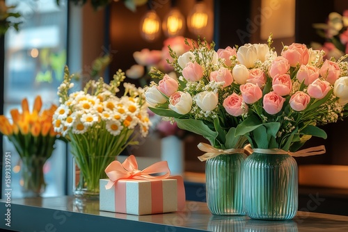 Beautiful Arrangement of Tulips and Daisies With Gift Box on Table in Floral ...