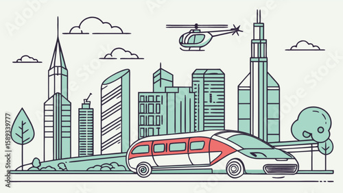 Cityscape futuristic transportation concept with bus helicopter and skyscrapers vector illustration