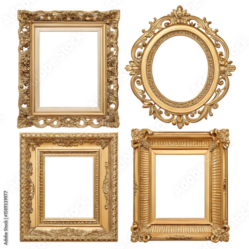 Ornate Gold Picture Frames: Rectangular, Oval, and Square Frame Designs for Art & Decor Isolated On Transparent Background