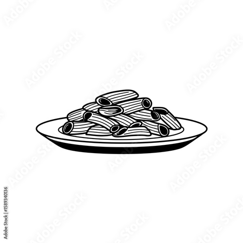 Rigatoni pasta arranged on a plate monochrome style silhouette
