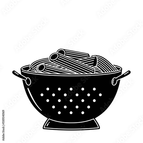 Rigatoni pasta in a black perforated colander bowl silhouette