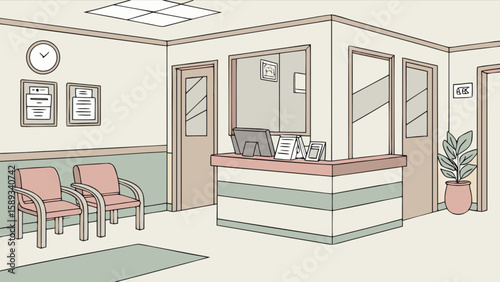 Illustration of a hospital reception area with waiting room chairs and a reception desk for medical office