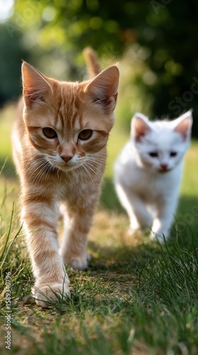 Two Cats Exploring a Lush Green Field During Golden Hour in Nature