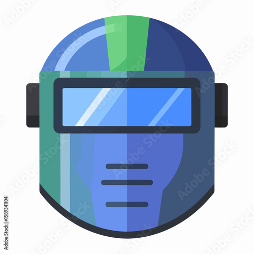 Vector illustration of a blue and green welding helmet with a dark blue visor, isolated on a white background.