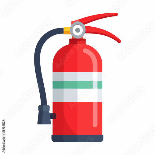 Red fire extinguisher with pressure gauge and hose, safety equipment, fire prevention.