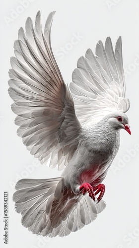 Beautiful White Dove in Flight Showcasing Intricate Feather Details and Vibra...