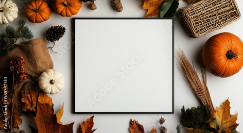 Autumn Harvest Display With Pumpkins, Leaves, and Decorative Elements on a Wh...