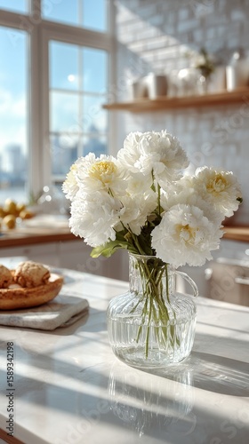 Beautiful White Flowers in a Glass Vase on a Kitchen Countertop With Natural ...