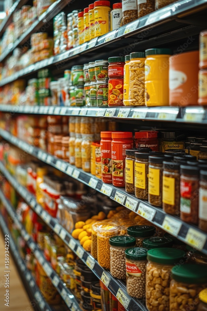 Fototapeta premium Grocery store shelves overflowing with various canned and packaged foods