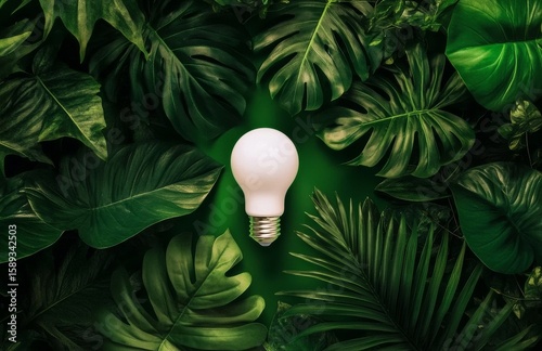 Light Bulb Surrounded by Vibrant Green Leaves in a Lush Tropical Setting Duri...