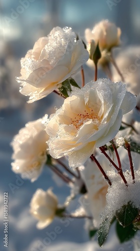 Snow-covered White Roses Bloom During Early Morning Light in a Winter Garden