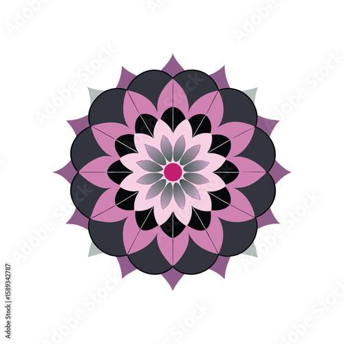 Intricate and perfectly symmetrical floral mandala design with vibrant color elements