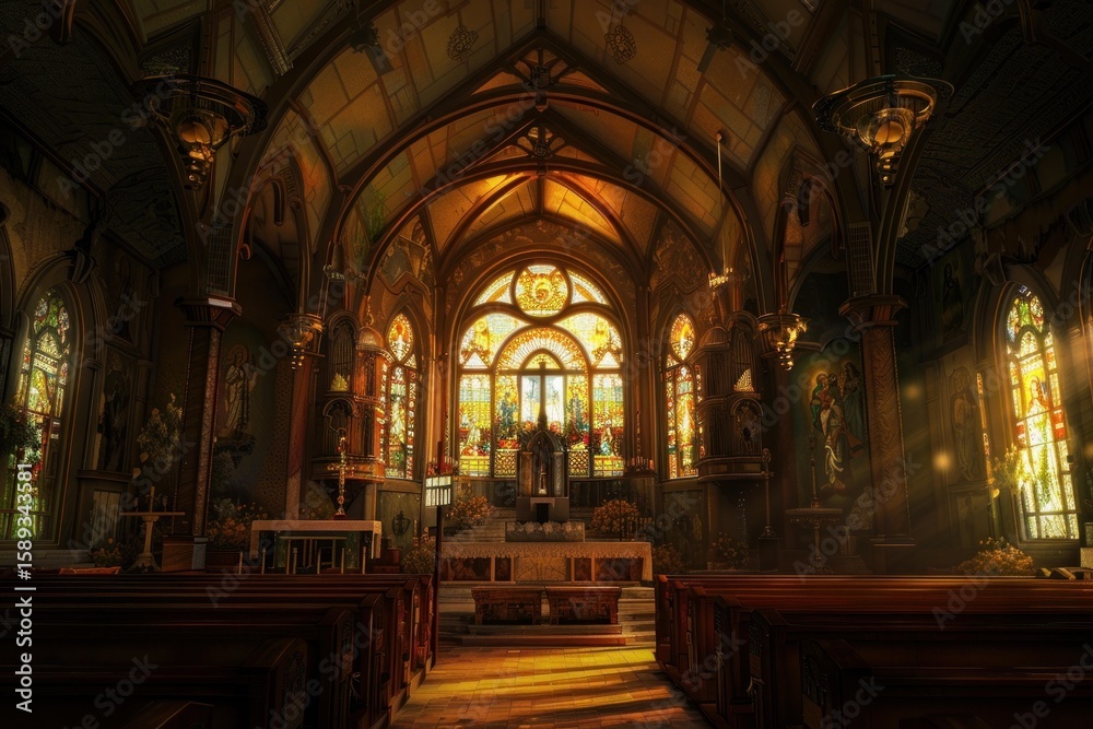 Obraz premium Sunlight streams through stained glass in a historic church interior