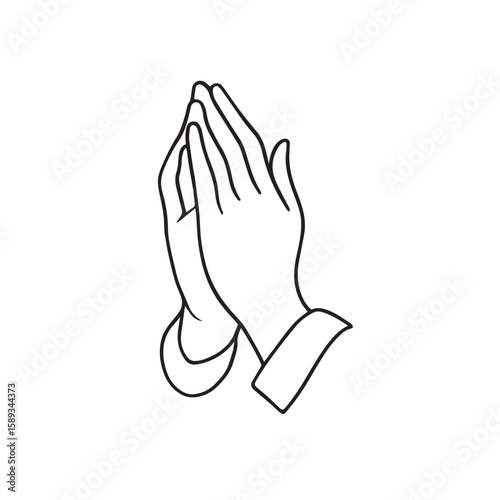 Continuous line drawing of hands palms together praying, minimalist black and white vector illustration.