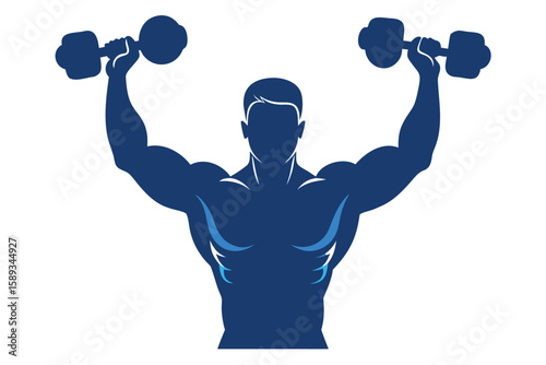 Bodybuilder Silhouette Lifting Dumbbells Overhead, Muscular Arms, Fitness and Exercise Concept, Blue Color Scheme