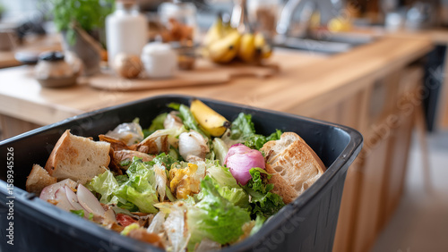 Close-up of a kitchen trash bin filled with rotting food such as wilted lettuce, moldy bread, banana peels, and spoiled leftovers in containers. Domestic waste at home or restaurant.