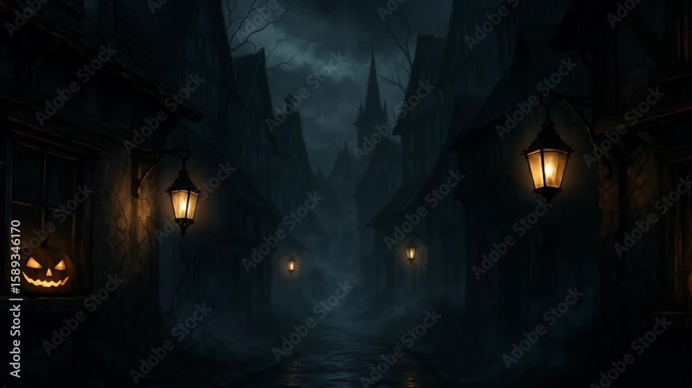 Haunted village street at night, old lanterns glowing, jack-o'-lanterns on windowsills, mysterious shadows and fog rolling through Haunted village street at night, old lanterns glowing, jack-o'-lanterns on windowsills, mysterious shadows and fog rolling through
