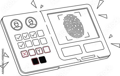 Line art illustrating a digital identity system with fingerprint scan, profiles, checkboxes, and buttons showcasing identity verification.