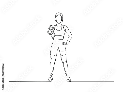Young workout using kettlebell in single outline illustration. Continuous line art drawing of woman lifting kettlebell.