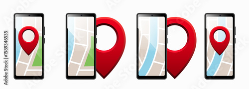 Smartphone with a city map on the screen and a map pin. Vector illustration isolated on white background.