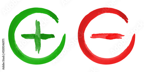 Plus and minus sign. Watercolor icons. Vector clipart.