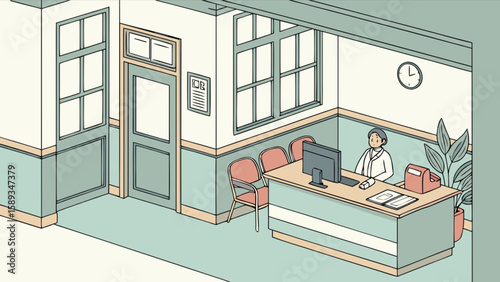 Isometric hospital reception area vector illustration for medical office design and healthcare concept art