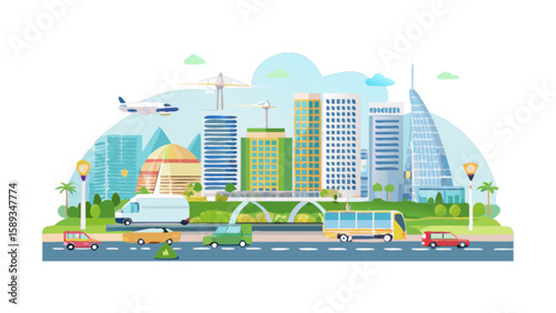 Vector city skyline illustration with skyscrapers transportation and urban landscape design concept of cityscape 100