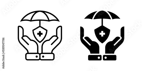 Medical Insurance icon set. A minimalist icon showing healthcare protection. An umbrella shelters a shield with a cross symbol, supported by two hands, representing health, insurance, and safety.